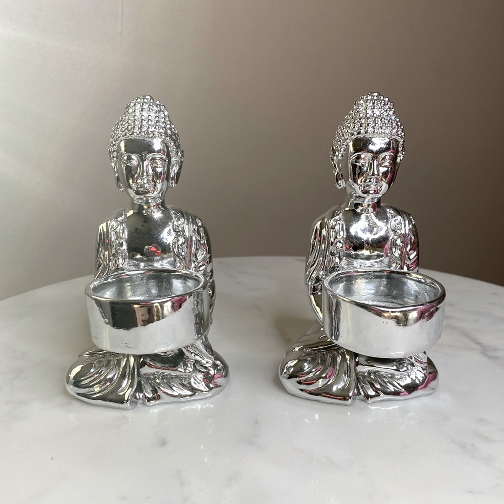 Set of (2) Z Gallerie Silver Buddha Tea Light Candle Holders